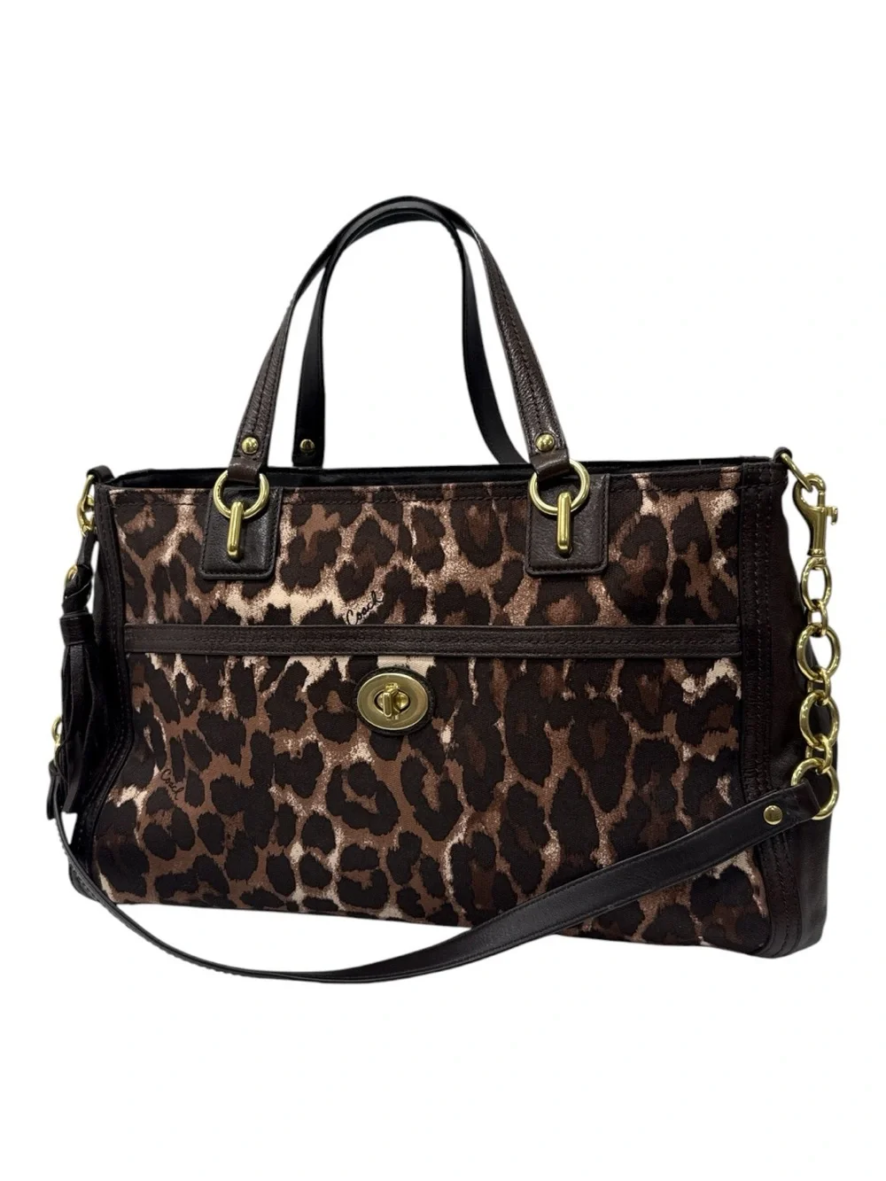 Coach Dark Brown Leopard Print Canvas and Leather Park Chain Ocelot shoulder bag